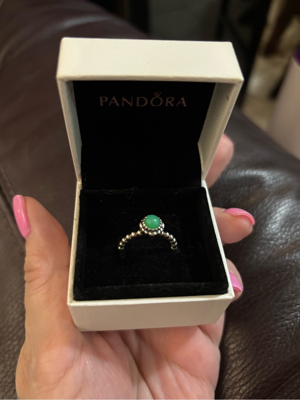 Pandora Silver Beaded Ring with Green Stone